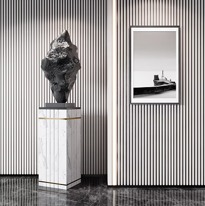 Elegant Abstract Modern Sculpture On Marble Pedestal With Striped Wall Background 3d model