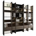 Modern Wooden Bookcase With Black Marble Shelves Books Decorative Items And Lighting
