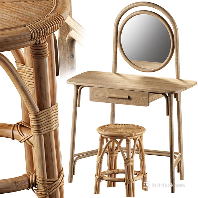 Natural Rattan Wooden Dressing Table with Round Mirror and Matching Stool 3d model 