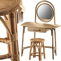 Natural Rattan Wooden Dressing Table with Round Mirror and Matching Stool
