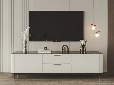 Modern White TV Stand with Black Top Vases Books Pendant Lights and Vertical Striped Wall 3d model