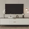 Modern White TV Stand with Black Top Vases Books Pendant Lights and Vertical Striped Wall