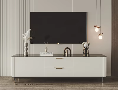 Modern White TV Stand with Black Top Vases Books Pendant Lights and Vertical Striped Wall 3d model