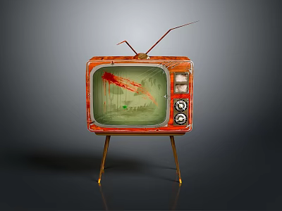 Vintage Television With Red Casing Green Screen Antenna And Tripod Stand 3d model