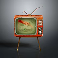 Vintage Television With Red Casing Green Screen Antenna And Tripod Stand