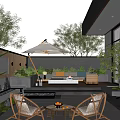 Modern Outdoor Garden With Furniture Umbrella Seating Area Plants Hanging Chair And Water Feature