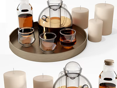 Glass cups displayed on wooden tray with candles and bottles in home decor setting 3d model
