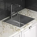 White Cabinets Kitchen With Black Tile Backsplash Marble Countertop Gas Stove And Sink