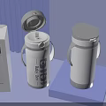 Two White and Gray Vacuum Insulated Cups with Packaging Box on Blue Display Platform 3d model