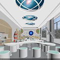 Bright Science Laboratory Interior With Round Tables White Stools And Blue Spherical Pendant Lights 3d model