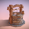 Rustic Garden Ornament Featuring Stone Built Well With Wooden Frame And Hanging Bucket