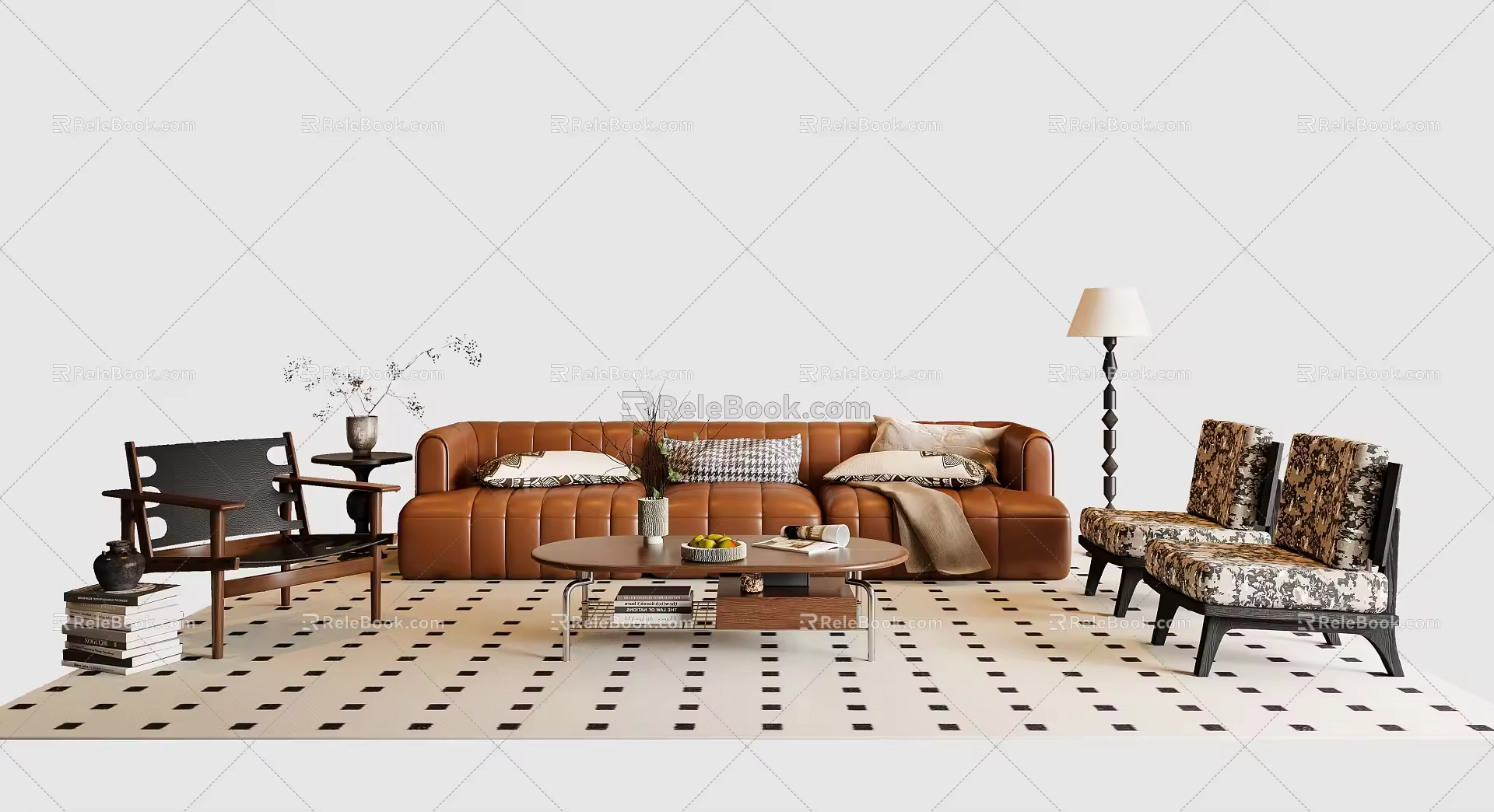 French Middle-style Sofa Coffee Table Combination Multi-person Sofa Leisure Chair Floor Lamp 3d model