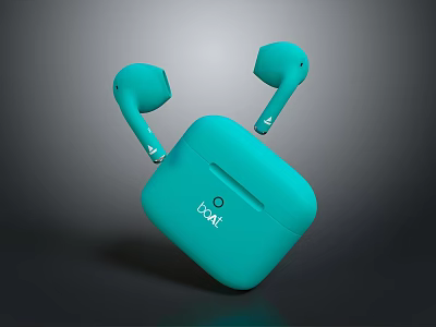 Turquoise Wireless Earbuds and Charging Case with CCAE Logo Displayed Together 3d model