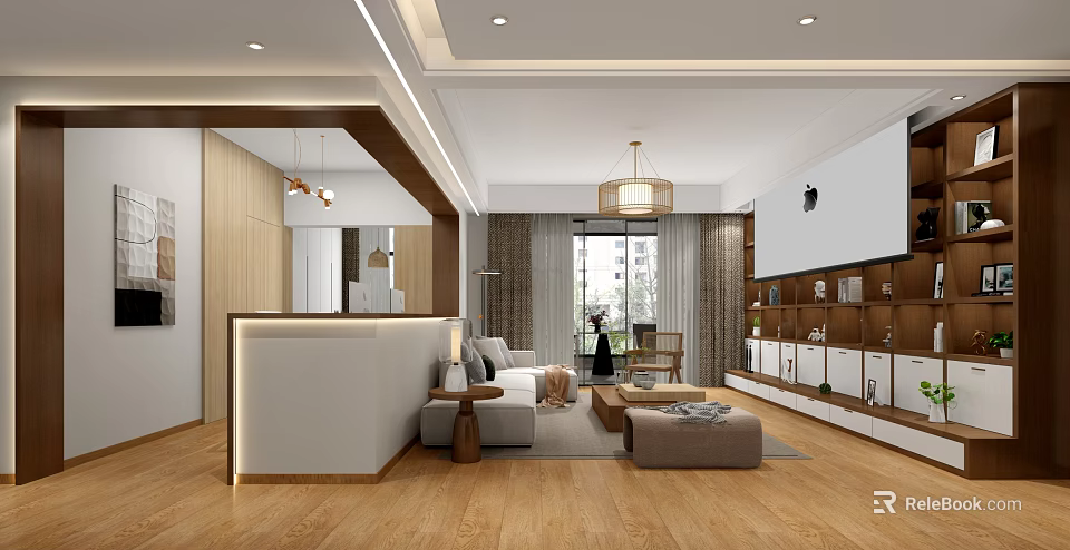 Modern Living Dining Room Interior With Open Concept Sofa Coffee Table And Wooden Floor 3d model 