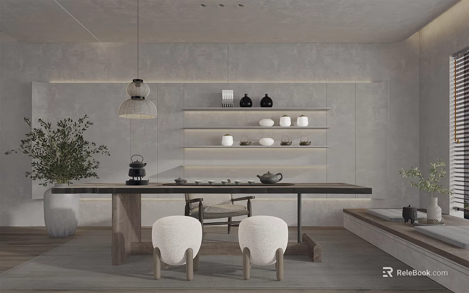 Serene Tea Room Interior With Wooden Table Tea Sets Hanging Lamp And Decorative Shelves 3d model 