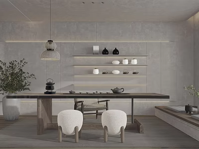 Serene Tea Room Interior With Wooden Table Tea Sets Hanging Lamp And Decorative Shelves 3d model