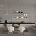 Serene Tea Room Interior With Wooden Table Tea Sets Hanging Lamp And Decorative Shelves