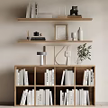 Wooden Open Bookcase with Multiple Compartments Filled with Books Vase Photo Frame and Potted Plant