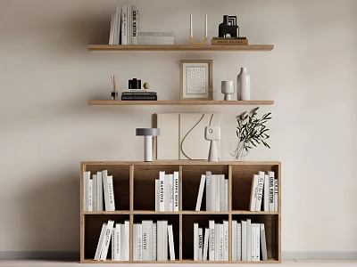 Wooden Open Bookcase with Multiple Compartments Filled with Books Vase Photo Frame and Potted Plant 3d model