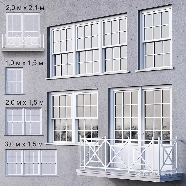 Casement Windows In Different Sizes For Modern Building Exterior With White Frames 3d model 