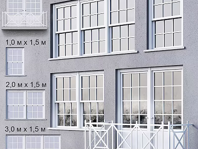 Casement Windows In Different Sizes For Modern Building Exterior With White Frames 3d model