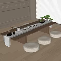 Minimalist Tea Table And Round Poufs With Tea Set Potted Plant On Bright Wooden Floor