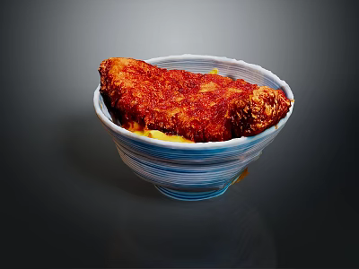 Crispy Fried Pork Cutlet Rice Bowl with Blue White Striped Bowl and Savory Sauce Topping 3d model