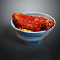 Crispy Fried Pork Cutlet Rice Bowl with Blue White Striped Bowl and Savory Sauce Topping