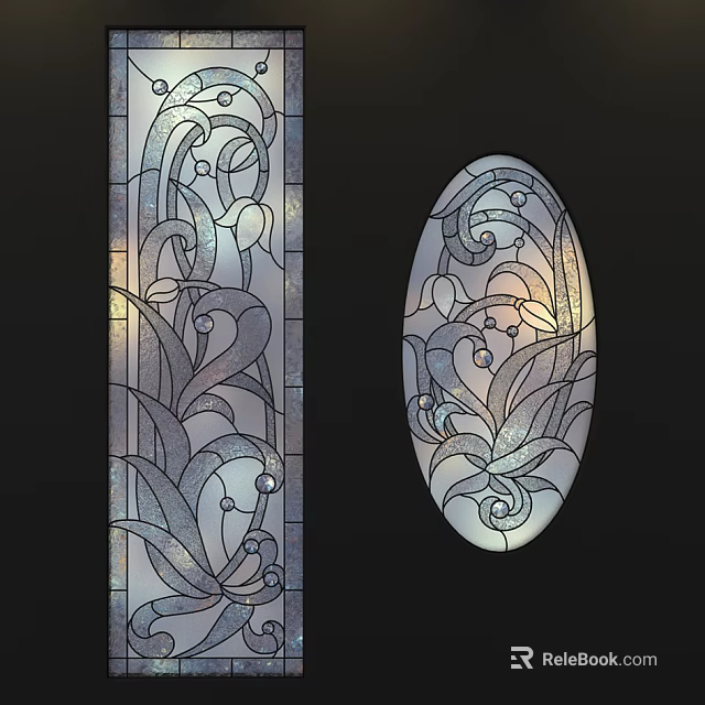 Stained Glass Windows With Intricate Floral Patterns In Rectangular And Oval Shapes 3d model