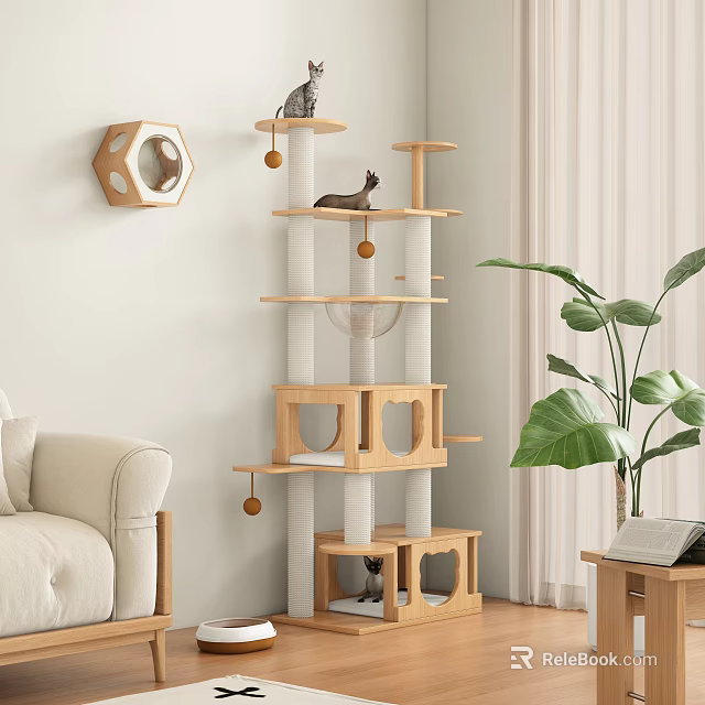 Multi Level Wooden Cat Tree With Condo Platforms And Hanging Toys In Modern Living Room 3d model 