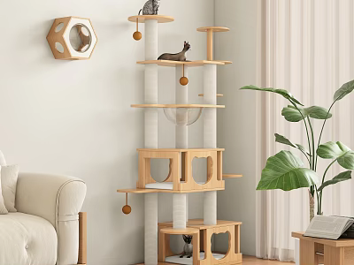 Multi Level Wooden Cat Tree With Condo Platforms And Hanging Toys In Modern Living Room 3d model