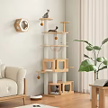 Multi Level Wooden Cat Tree With Condo Platforms And Hanging Toys In Modern Living Room