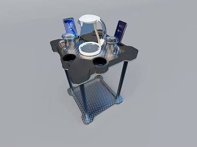 Modern Corner Table With Glass Top Metal Frame Mesh Shelf And Mobile Phones Kettle 3d model