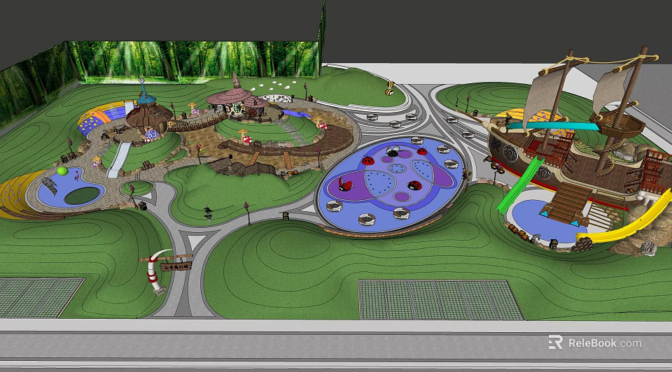 Vibrant Garden Landscape With Playground Facilities Circular Rest Area And Pavilion 3d model 
