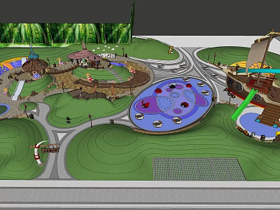 Vibrant Garden Landscape With Playground Facilities Circular Rest Area And Pavilion 3d model