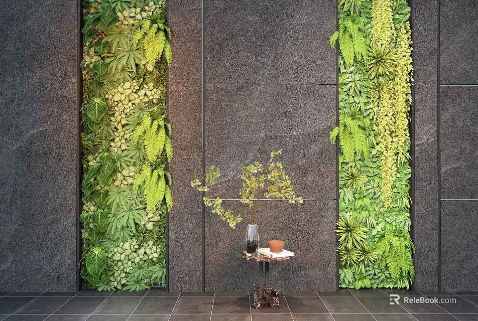 Lush Green Living Wall Design With Gray Stone Panel And Decorative Table 3d model 
