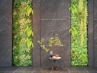 Lush Green Living Wall Design With Gray Stone Panel And Decorative Table 3d model
