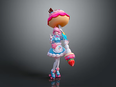 Cute Pink Haired Girl In Maid Outfit With Giant Donut Strawberry Ice Cream And Rollerskates 3d model