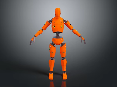 Orange Smart Robot Featuring Humanoid Design Metallic Body And Mechanical Limbs On Gray Background 3d model