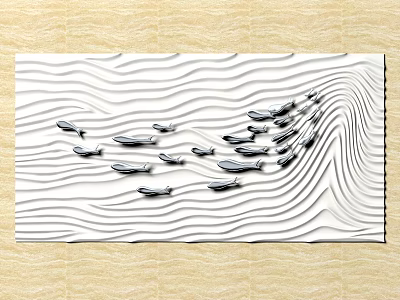 Modern Decorative Wall Art With White Wavy Texture And Black Fish Figures 3d model