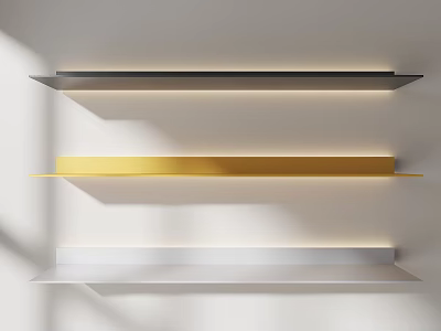 Modern Wall Shelves in Black Gold and Silver on White Wall with Illuminated Minimalist Design 3d model