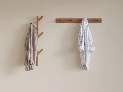 Wooden Branch And Rod Hooks With Checkered And Striped Towels On Beige Wall 3d model