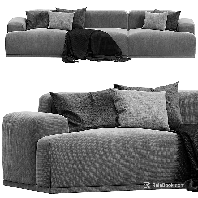 Modern Gray Fabric Sectional Sofa With Throw Pillows And Soft Blanket 3d model