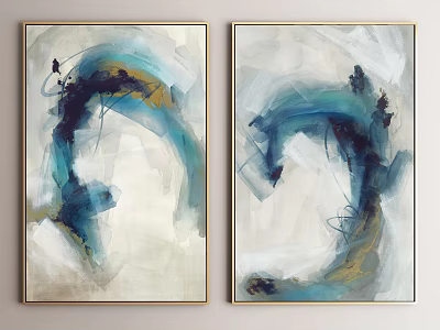 Modern Two Panel Abstract Painting With Blue White Gold Fluid Brushstrokes And Gold Framed 3d model