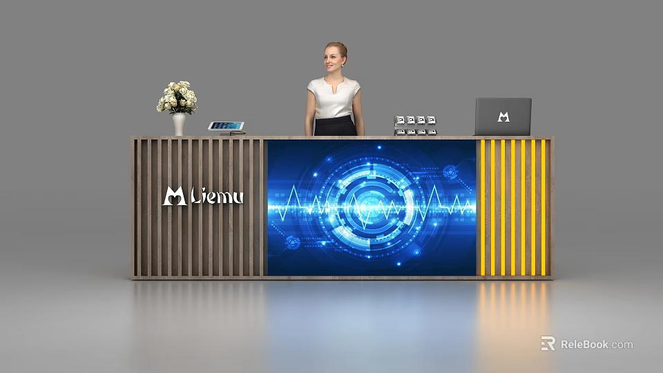 Modern Reception Desk With Liemu Logo Digital Display Laptop Phone And Flower Vase 3d model 