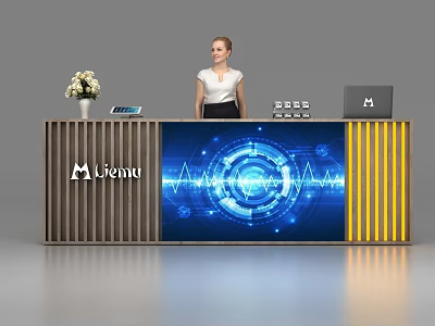 Modern Reception Desk With Liemu Logo Digital Display Laptop Phone And Flower Vase 3d model