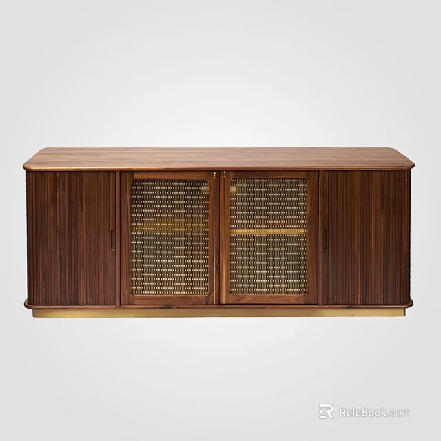 Modern Walnut Entryway Side Cabinet With Mesh Doors And Gold Base Design 3d model 