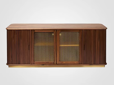 Modern Walnut Entryway Side Cabinet With Mesh Doors And Gold Base Design 3d model