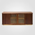 Modern Walnut Entryway Side Cabinet With Mesh Doors And Gold Base Design