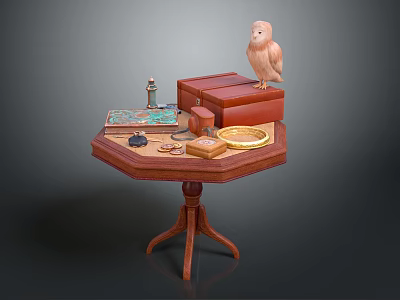 Wooden Octagonal Side Table With Red Box Owl Figurine And Small Decorative Items 3d model